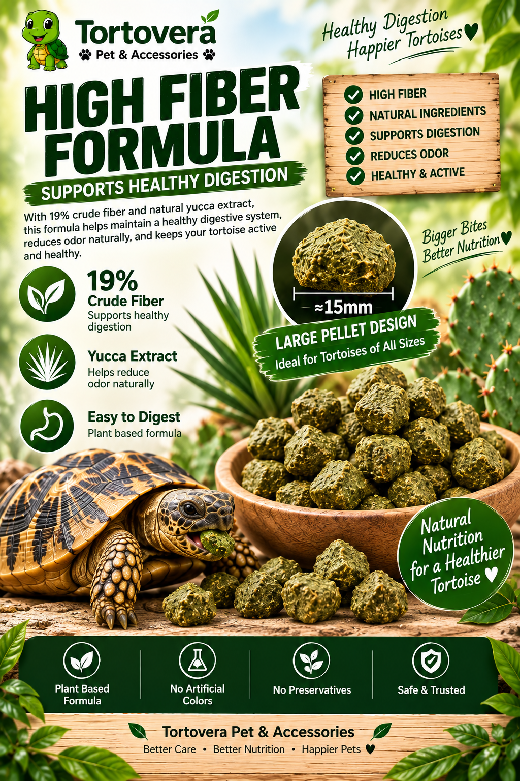 Tortovera MacFn Cacti Calcium Tortoise Food 100G | 5% Calcium High Fiber Cactus Pellets | Large 15mm Tortoise Food